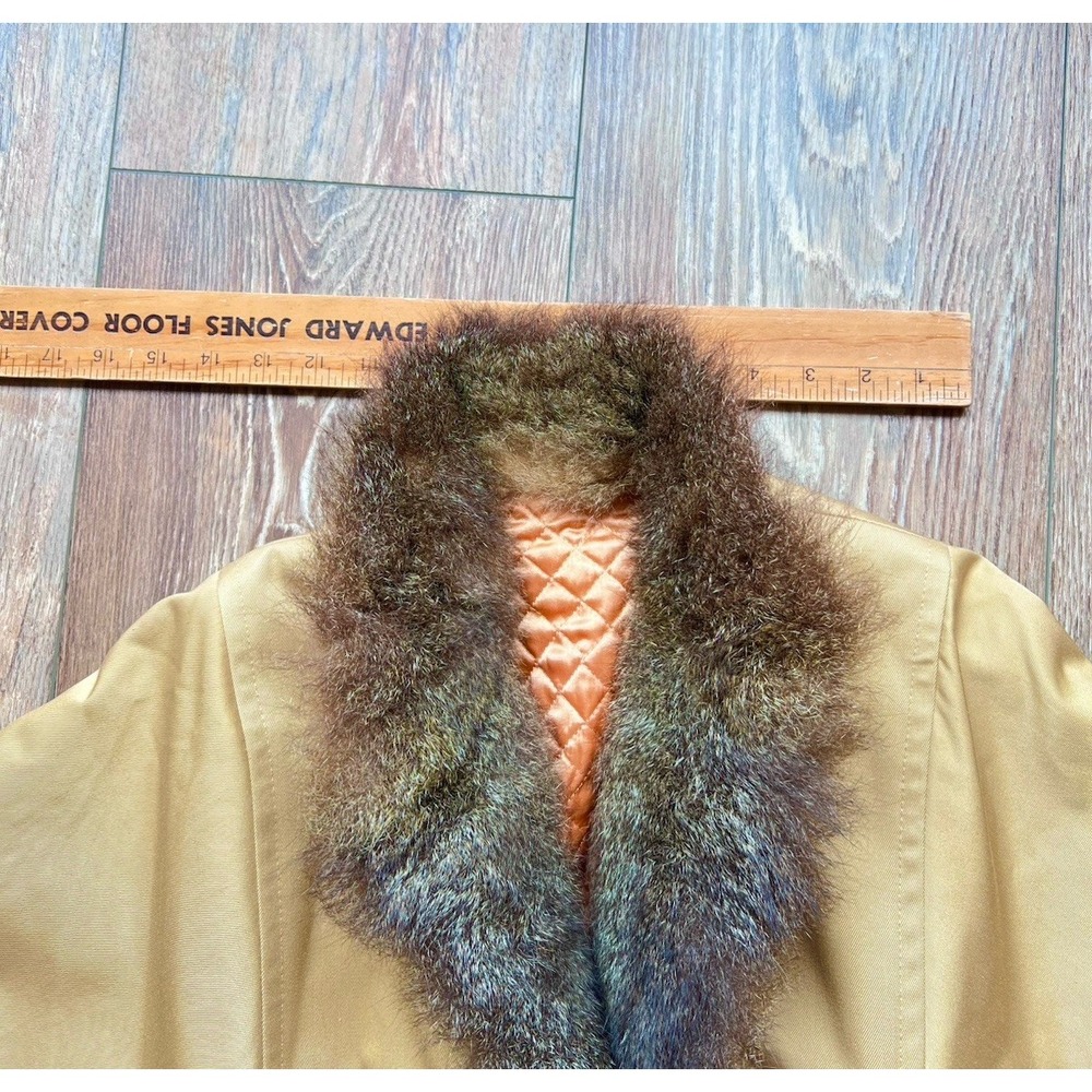 Vintage 60s 70s Tan Coat Genuine Fur Trim Quilted Lining Belted Mod Camel M/L - Picture 8 of 13